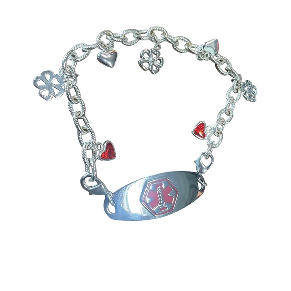 Avon Medic Aware Diabetic Charm Bracelet Silver Tone Hearts Flowers - Picture 1 of 9